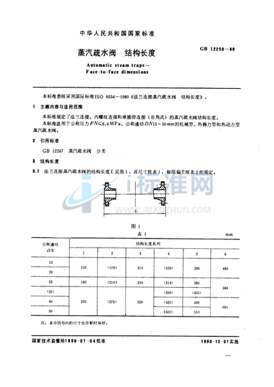 GB/T 12250-1989 蒸汽疏水阀  结构长度