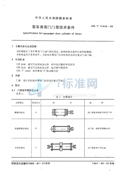 GB/T 12432-1990 客车乘客门门泵技术条件