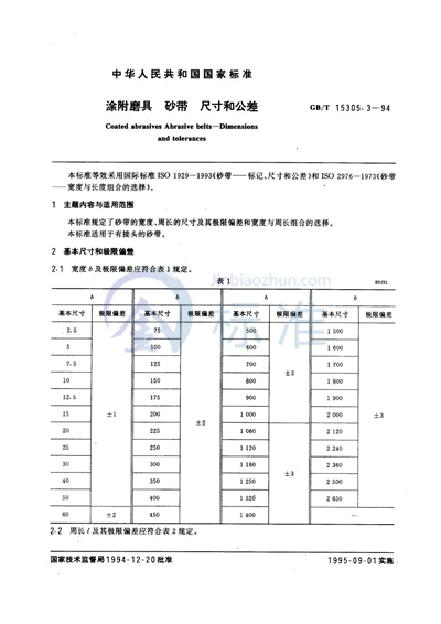 GB/T 15305.3-1994 涂附磨具  砂带  尺寸和公差