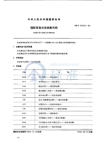 GB/T 15423-1994 国际贸易交货条款代码