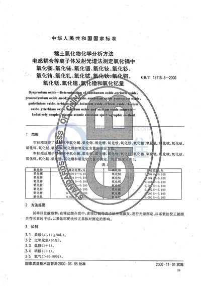 GB/T 18115.8-2000 稀土氧化物化学分析方法  电感耦合等离子体发射光谱法测定氧化镝中氧化镧、氧化铈、氧化镨、氧化钕、氧化钐、氧化铕、氧化钆、氧化铽、氧化钬、氧化铒、氧化铥、氧化镱、氧化镥和氧化钇量