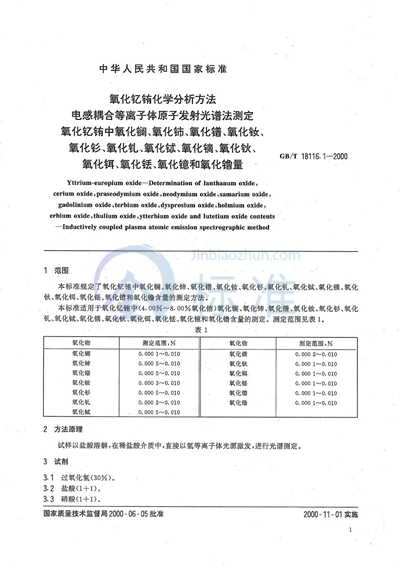 GB/T 18116.1-2000 氧化钇铕化学分析方法  电感耦合等离子体原子发射光谱法测定氧化钇铕中氧化镧、氧化铈、氧化镨、氧化钕、氧化钐、氧化钆、氧化铽、氧化镝、氧化钬、氧化铒、氧化铥、氧化镱和氧化镥量