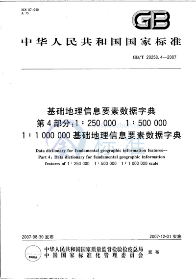GB/T 20258.4-2007 基础地理信息要素数据字典  第4部分：1:250 000 1:500 000 1:1 000 000基础地理信息要素数据字典