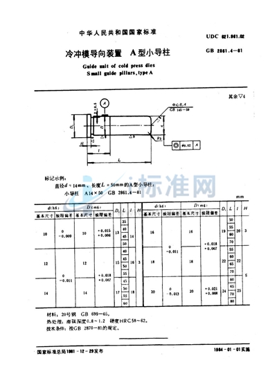 GB/T 2861.4-1981 冷冲模导向装置  A型小导柱