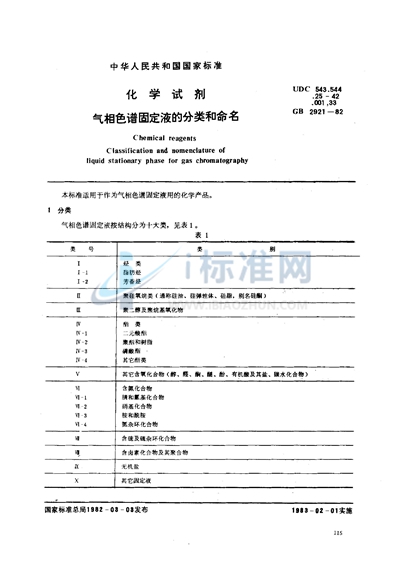 GB/T 2921-1982 化学试剂  气相色谱固定液的分类和命名