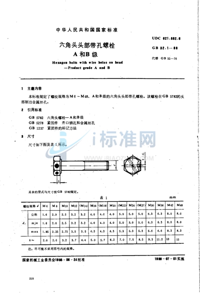 GB/T 32.1-1988 六角头头部带孔螺栓  A和B级