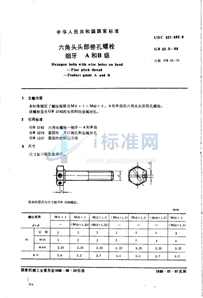 GB/T 32.3-1988 六角头头部带孔螺栓  细牙  A和B级