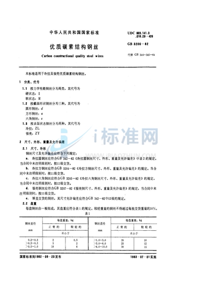 GB/T 3206-1982 优质碳素结构钢丝