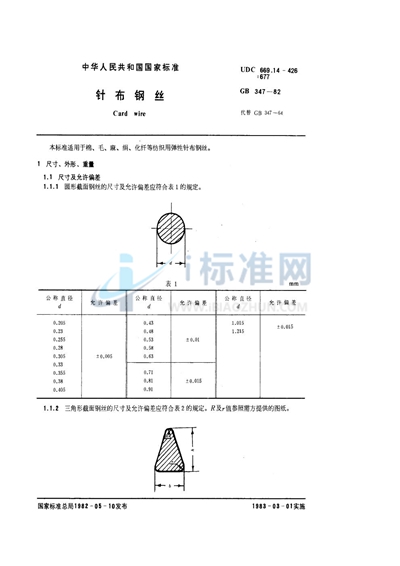 GB/T 347-1982 针布钢丝
