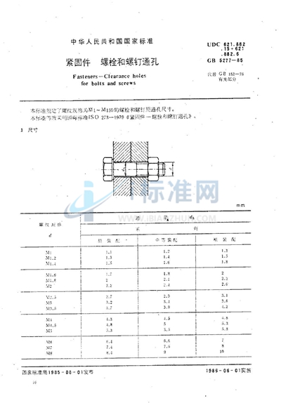 GB/T 5277-1985 紧固件 螺栓和螺钉通孔