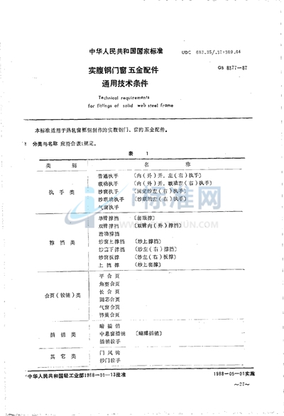 GB/T 8377-1987 实腹钢门、窗五金配件通用技术条件