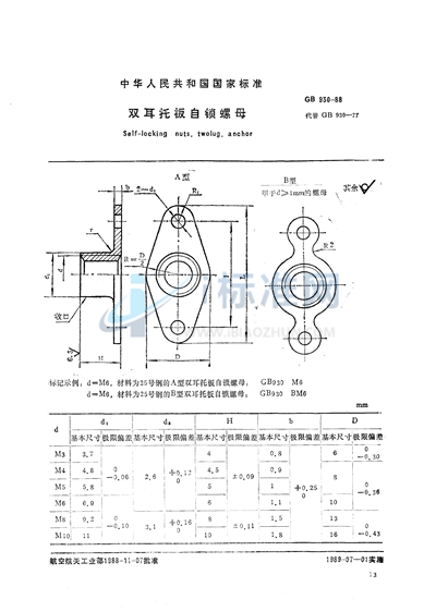 GB/T 930-1988 双耳托板自锁螺母
