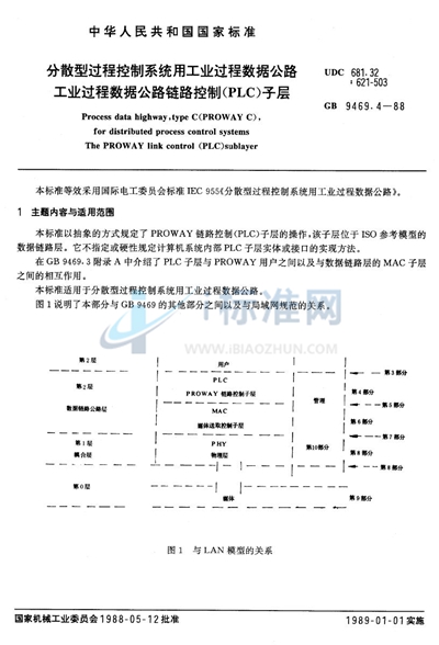 GB/T 9469.4-1988 分散型过程控制系统用工业过程数据公路 工业过程数据公路链路控制 (PLC) 子层