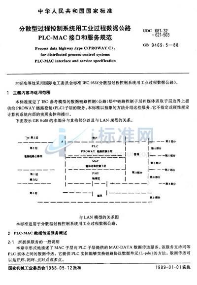 GB/T 9469.5-1988 分散型过程控制系统用工业过程数据公路 PLC-MAC 接口和服务规范