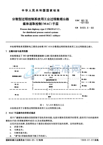 GB/T 9469.6-1988 分散型过程控制系统用工业过程数据公路 媒体送取控制 (MAC)子层